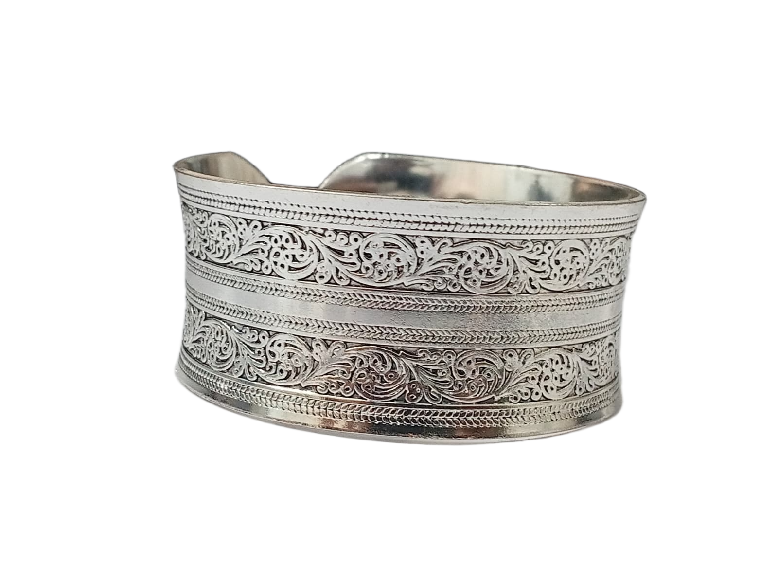 Handcrafted Traditional Floral Engraved Metal Cuff Bracelet - Image 3