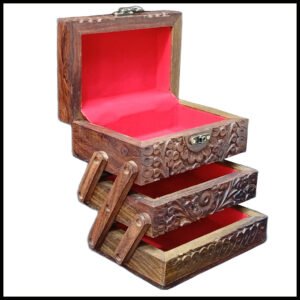 3-Layer Wooden Jewellery Box – Traditional Carved Storage & Organizer (Size: Length-15cm, Width-10cm, Height-12cm)
